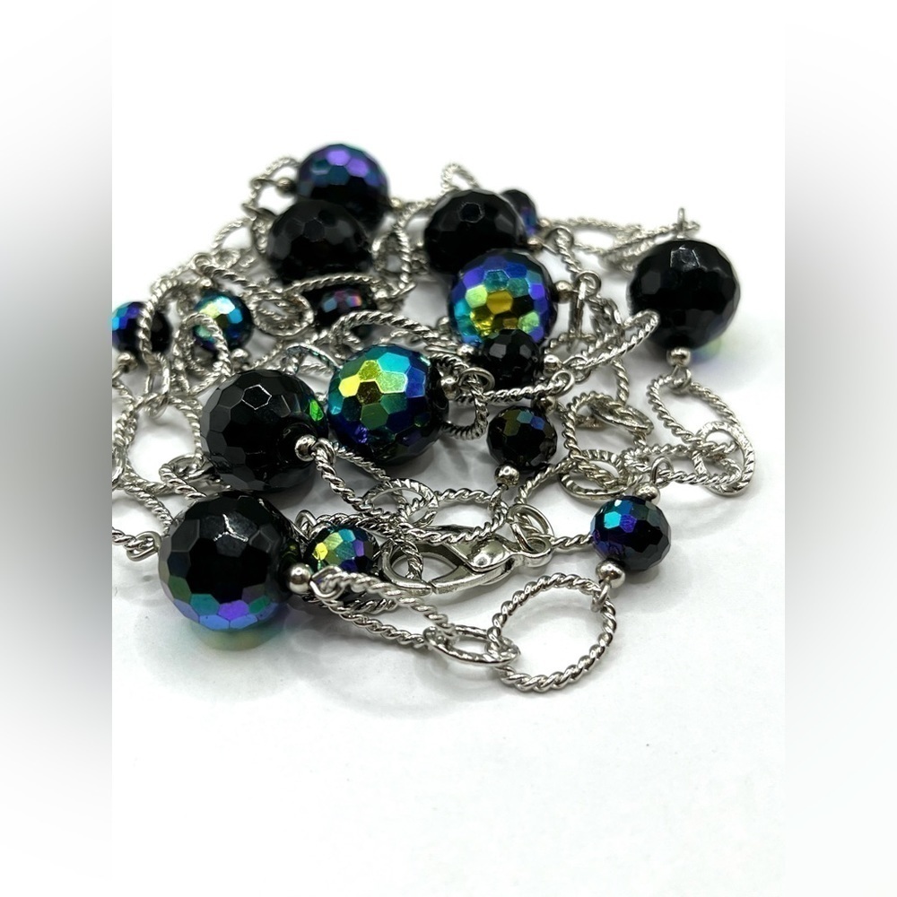 Necklace Blue and Black Beads Twisted oval Chain links Stunning 36 Inches long